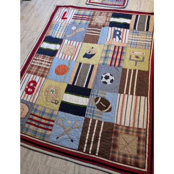 Pottery Barn Kids JR Varsity Sports Twin  Quilt Patchwork Boys Room 84x64 - Picture 1 of 9